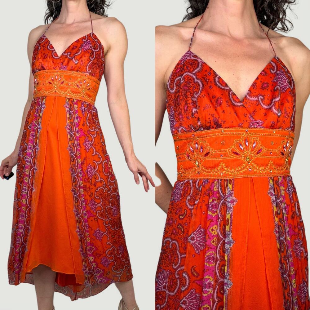 Laundry by Shelli Segal‎ silk halter dress paisley floral rhinestone beaded 6